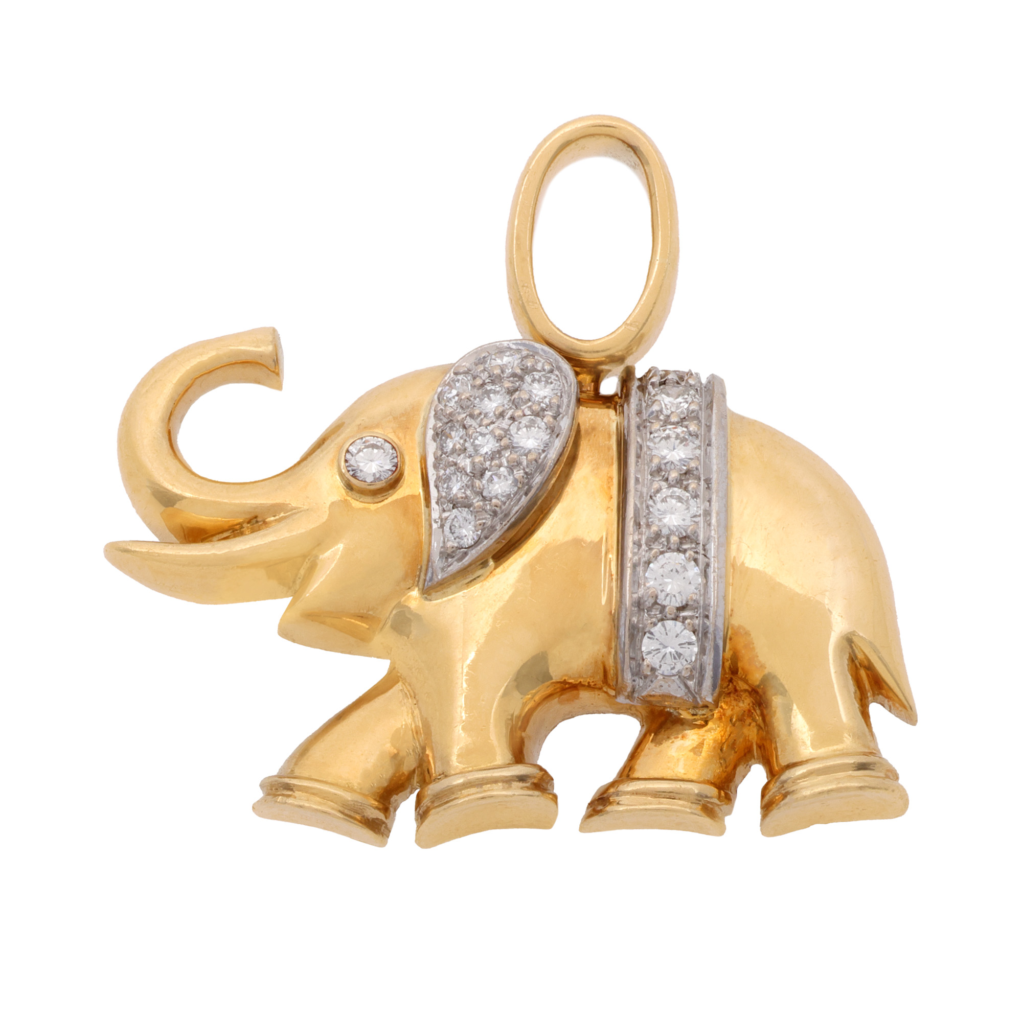 Pendant C'est Laudier in gold, in the shape of an elephant, decorated with diamonds