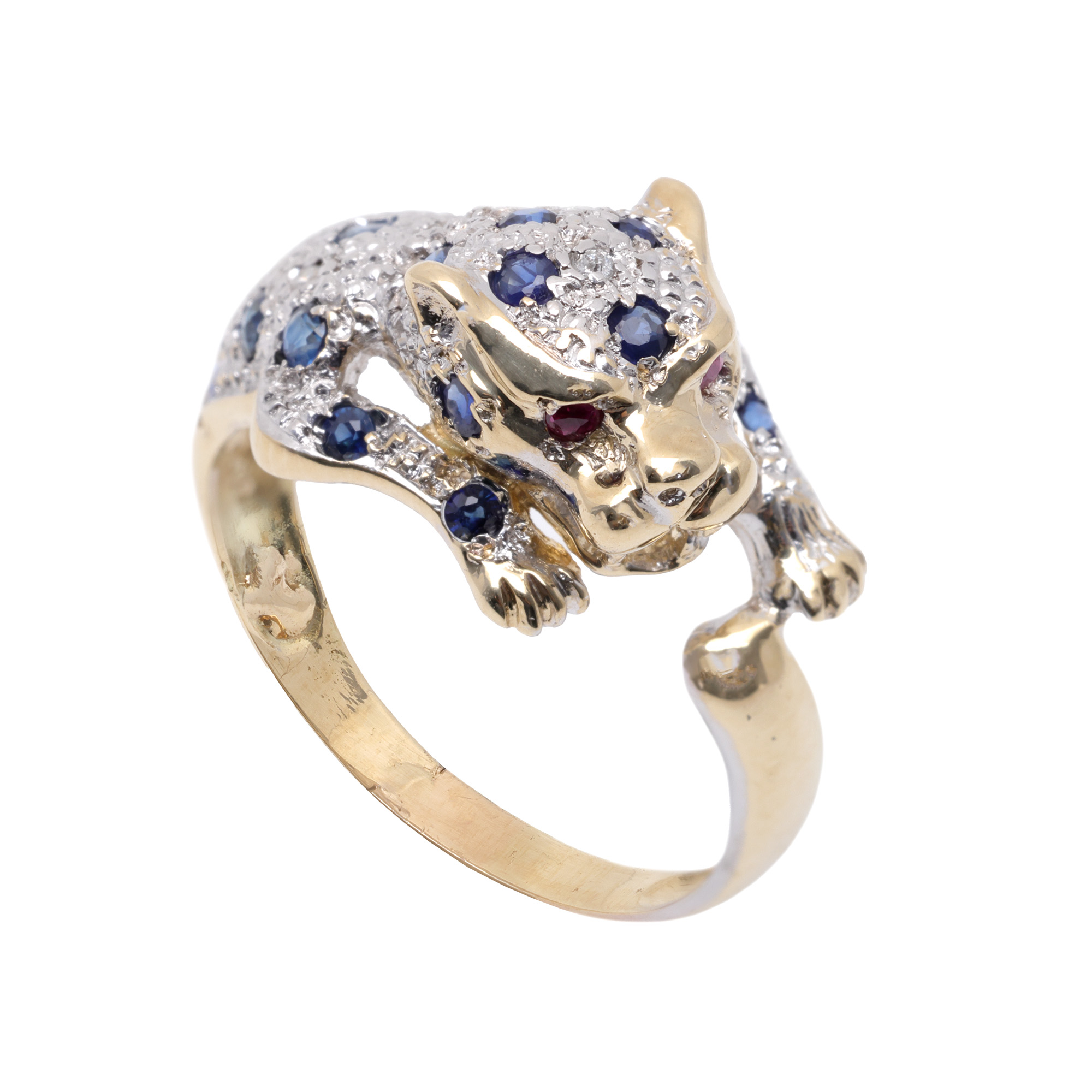 Gold ring shaped like a panther, decorated with diamonds, sapphires, and rubies