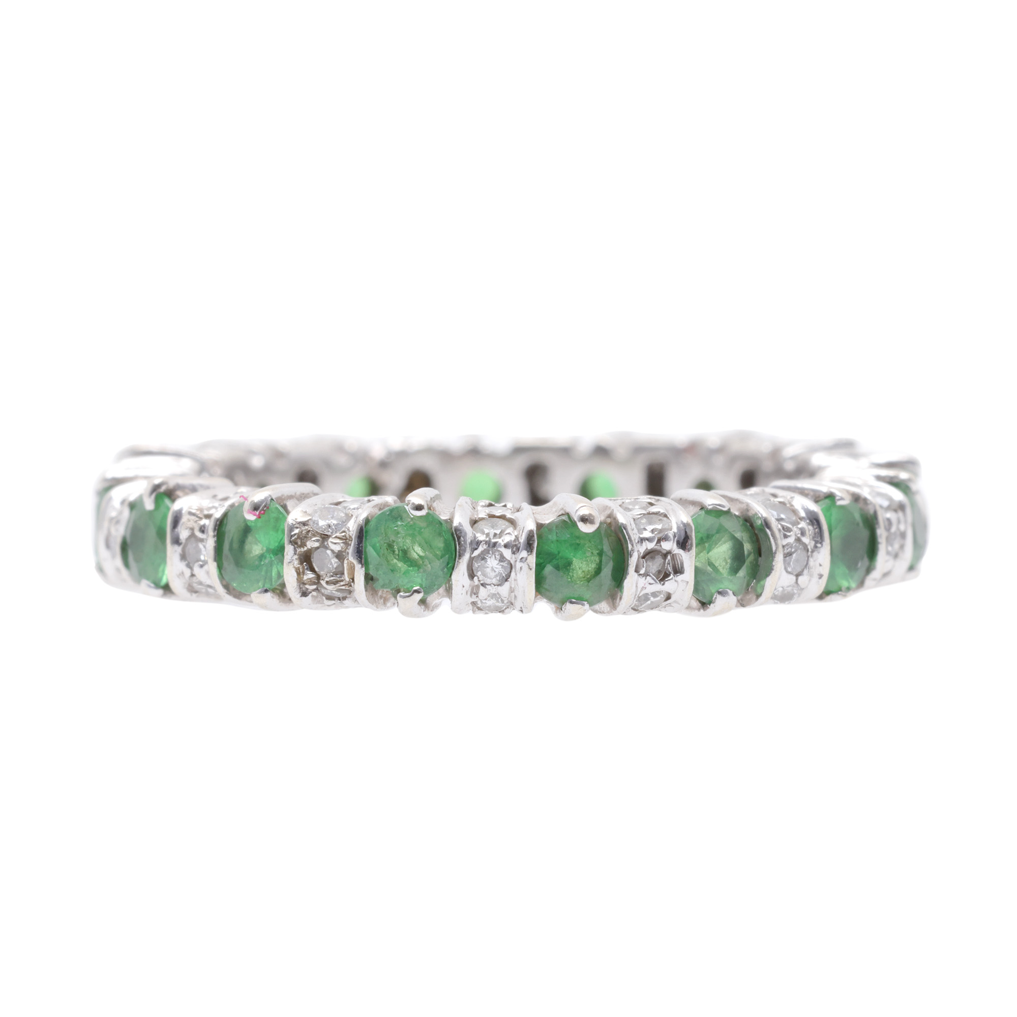 Inel din aur alb infinity, decorat cu alternanță de diamante și granate tsavorite
