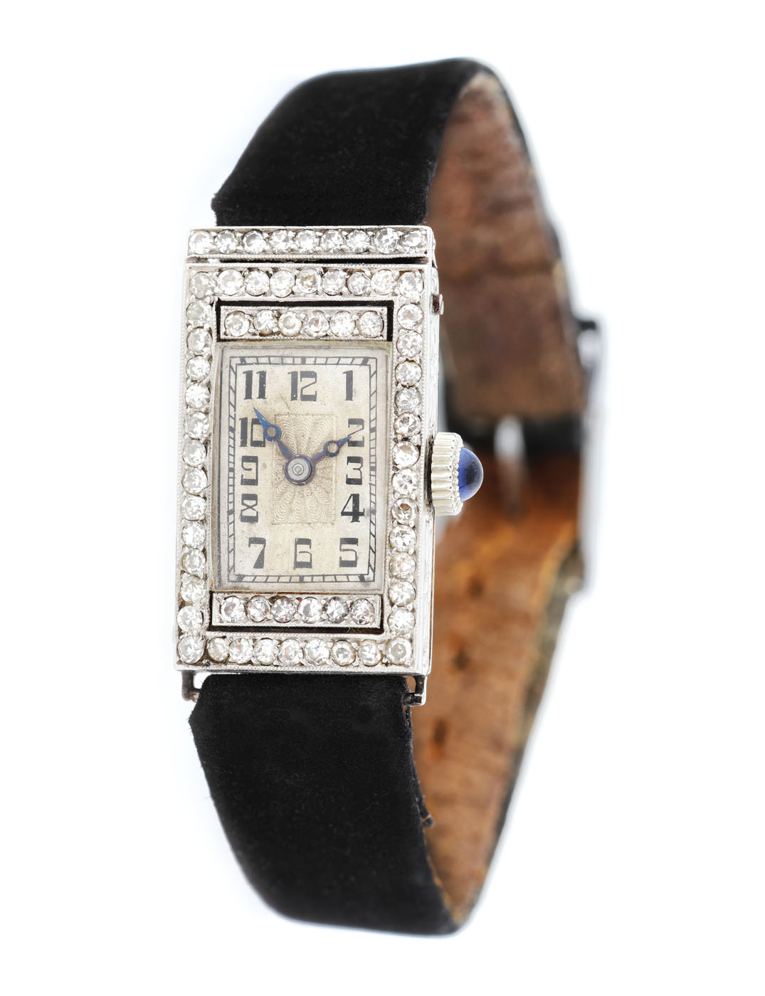 Ceas Art Deco de mână, de damă, din platină, decorat cu diamante 