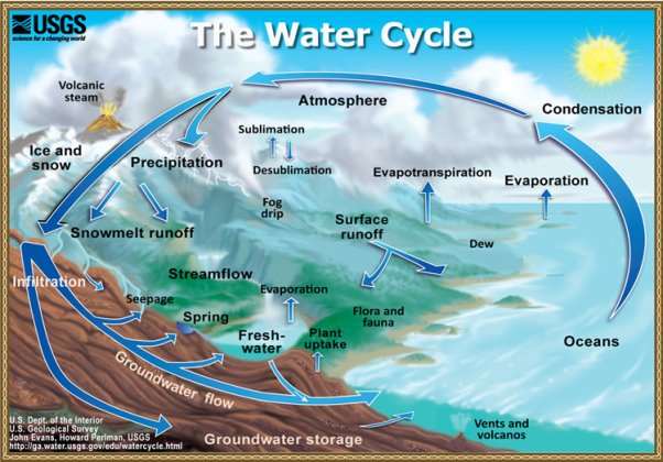 The Water Cycle: Graphic showing the movement of water through the water cycle.