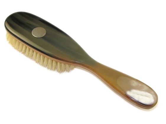 Horn & Pearwood Handled Hair Brush with Silver Disc | Silver Disk Embossed Horn & Pearwood Handled Hair Brush with Silver Disc | Silver Disk Embossed