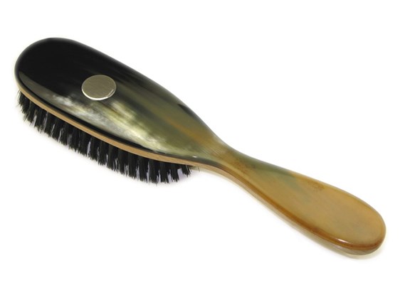 Horn & Boar Bristle Handled Hair Brush with Silver Disc | Silver Disc Embossed