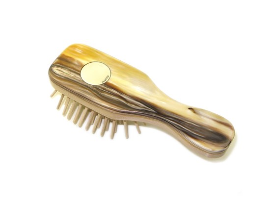 Beechwood & Horn Pocket Hairbrush with Silver Disc | Silver Disc Embossed