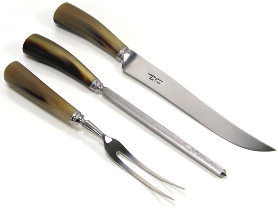 Three Piece Polished Cow Horn Handle Carver Set