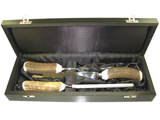 Boxed Three Piece Polished Stag Antler Handle Carver Set