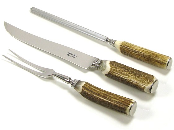 Three Piece Polished Stag Antler Handle Carver Set