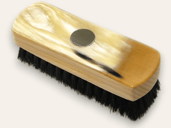 Horn Backed Rectangular Shoe Brush with Silver Disc - Small - Dark Bristles | Silver Disc Embossed