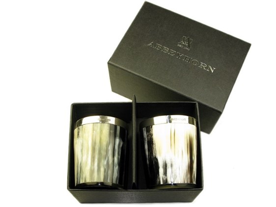 Horn Whisky Tot with Silver Band - Polished - Two Boxed Horn Whisky Tot with Silver Band - Polished - Two Boxed