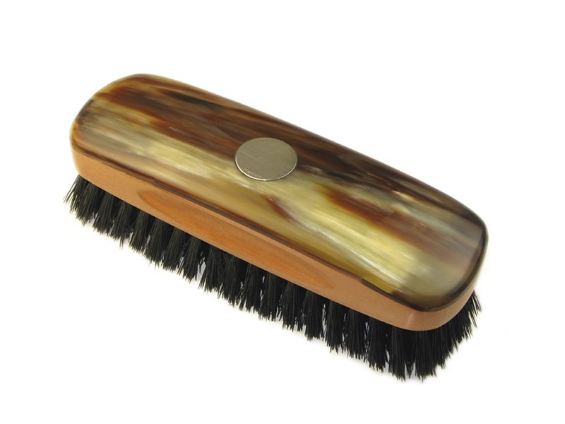 Small Rectangular Cow Horn Backed Clothes Brush With Silver Disc