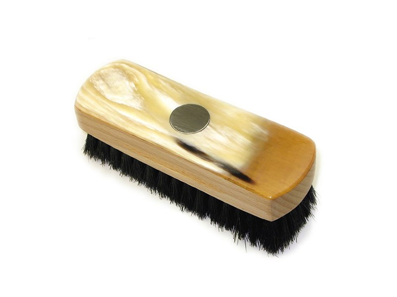 Horn Backed Rectangular Shoe Brush with Silver Disc - Small - Dark Bristles