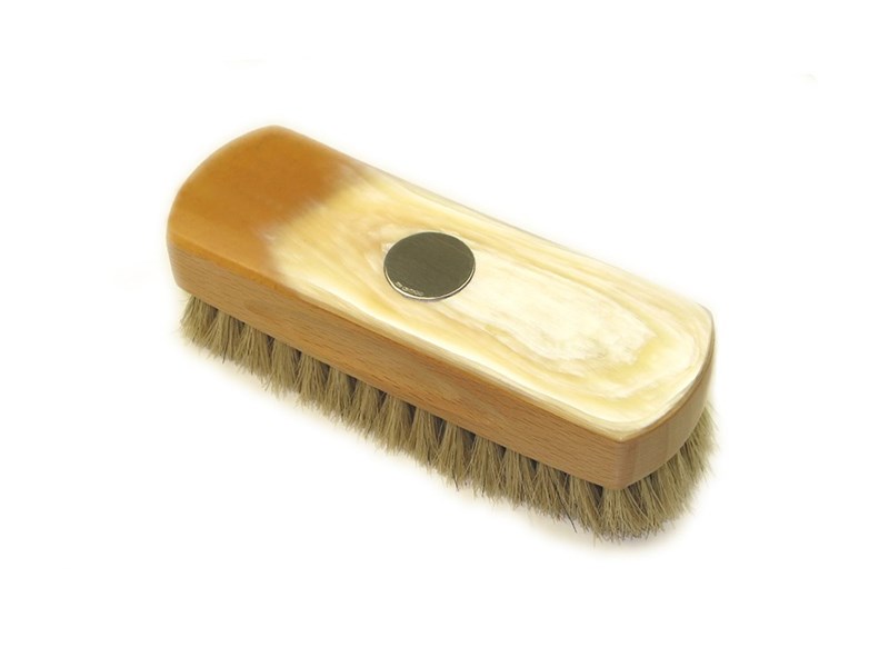 Horn Backed Rectangular Shoe Brush with Silver Disc - Small - Light Bristles