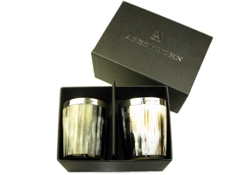 Horn Whisky Tot with Silver Band - Polished - Two Boxed Horn Whisky Tot with Silver Band - Polished - Two Boxed