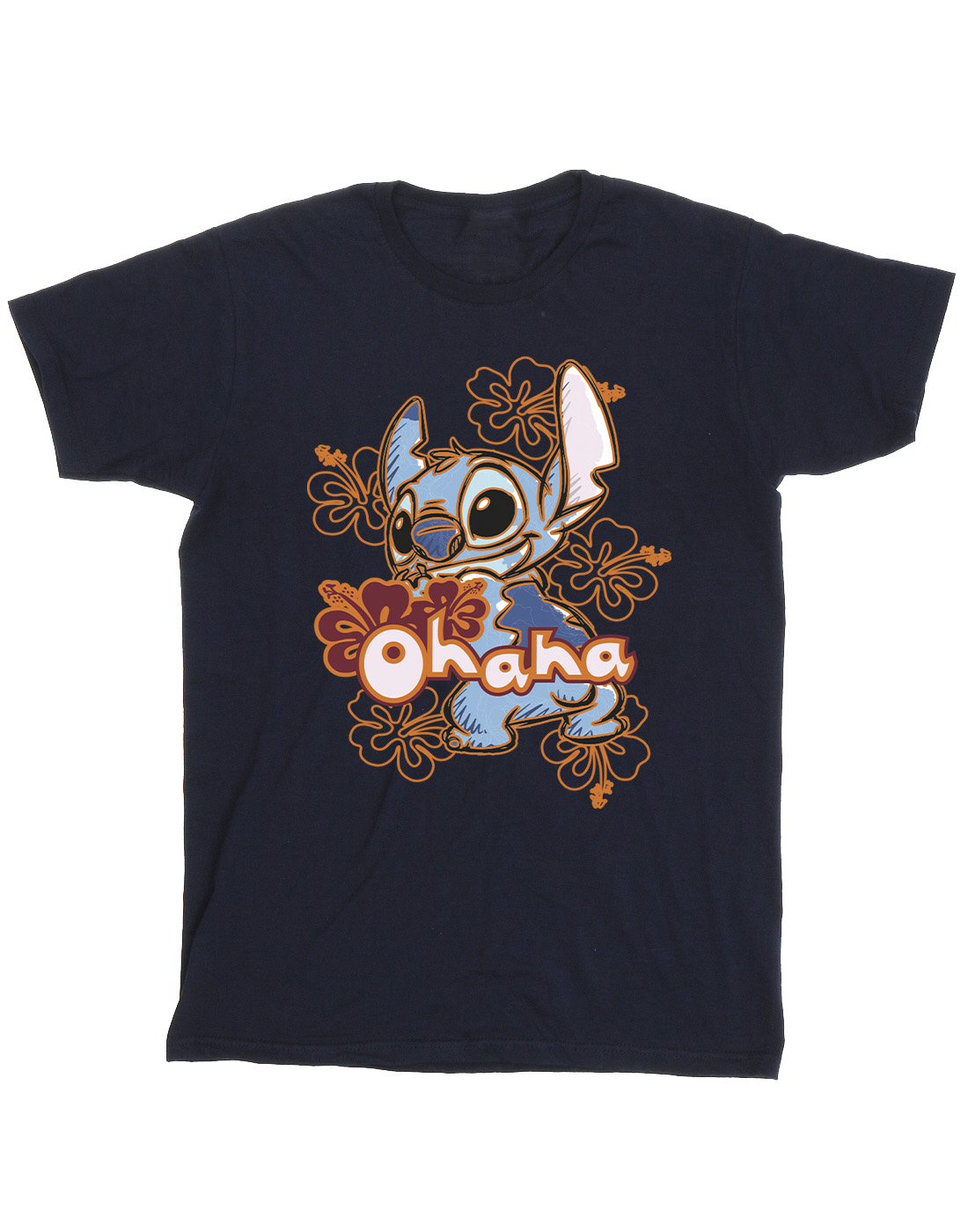 Disney Men's Lilo And Stitch Ohana Orange Hibiscus T-Shirt - Picture 9 of 16