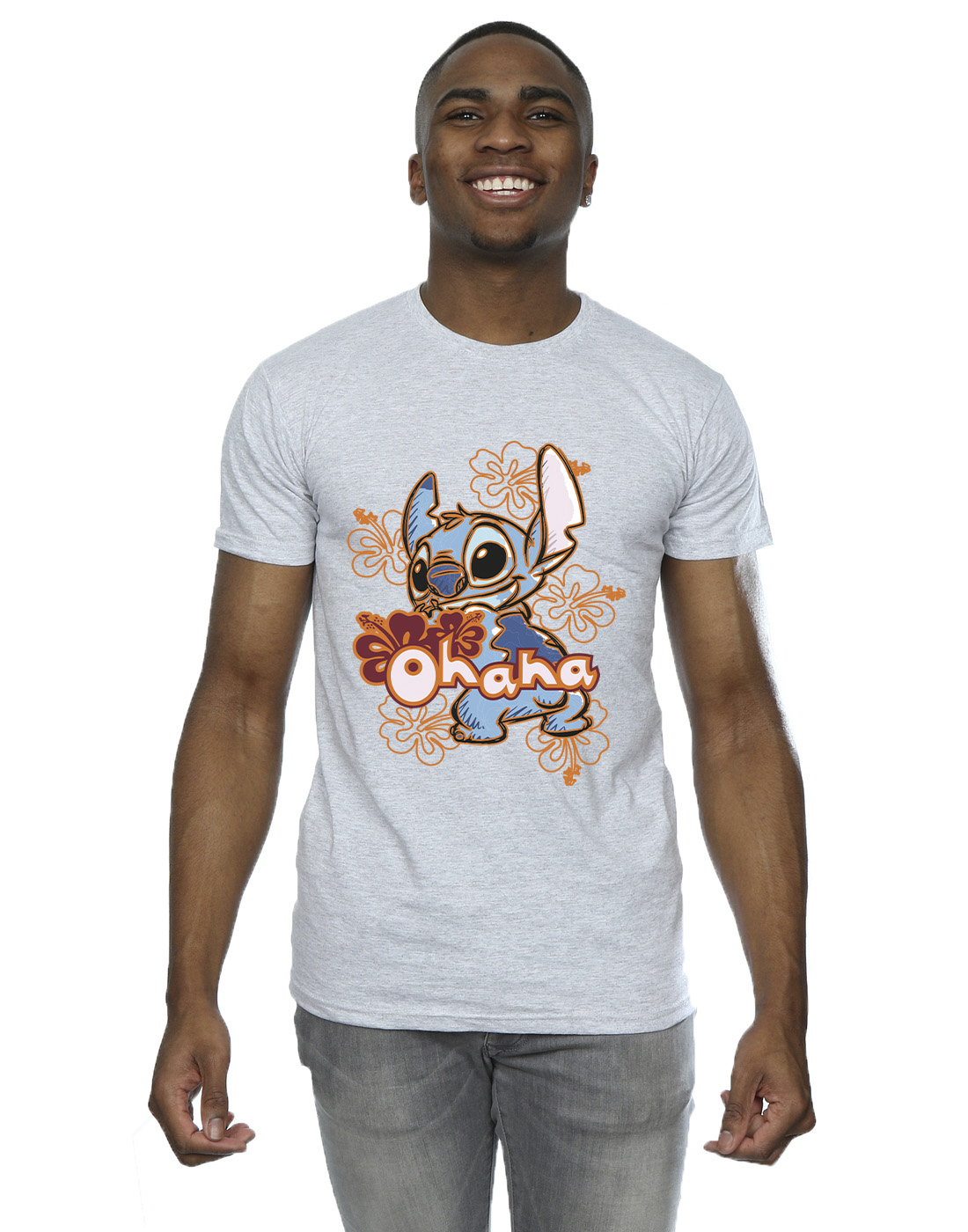 Disney Men's Lilo And Stitch Ohana Orange Hibiscus T-Shirt - Picture 11 of 16