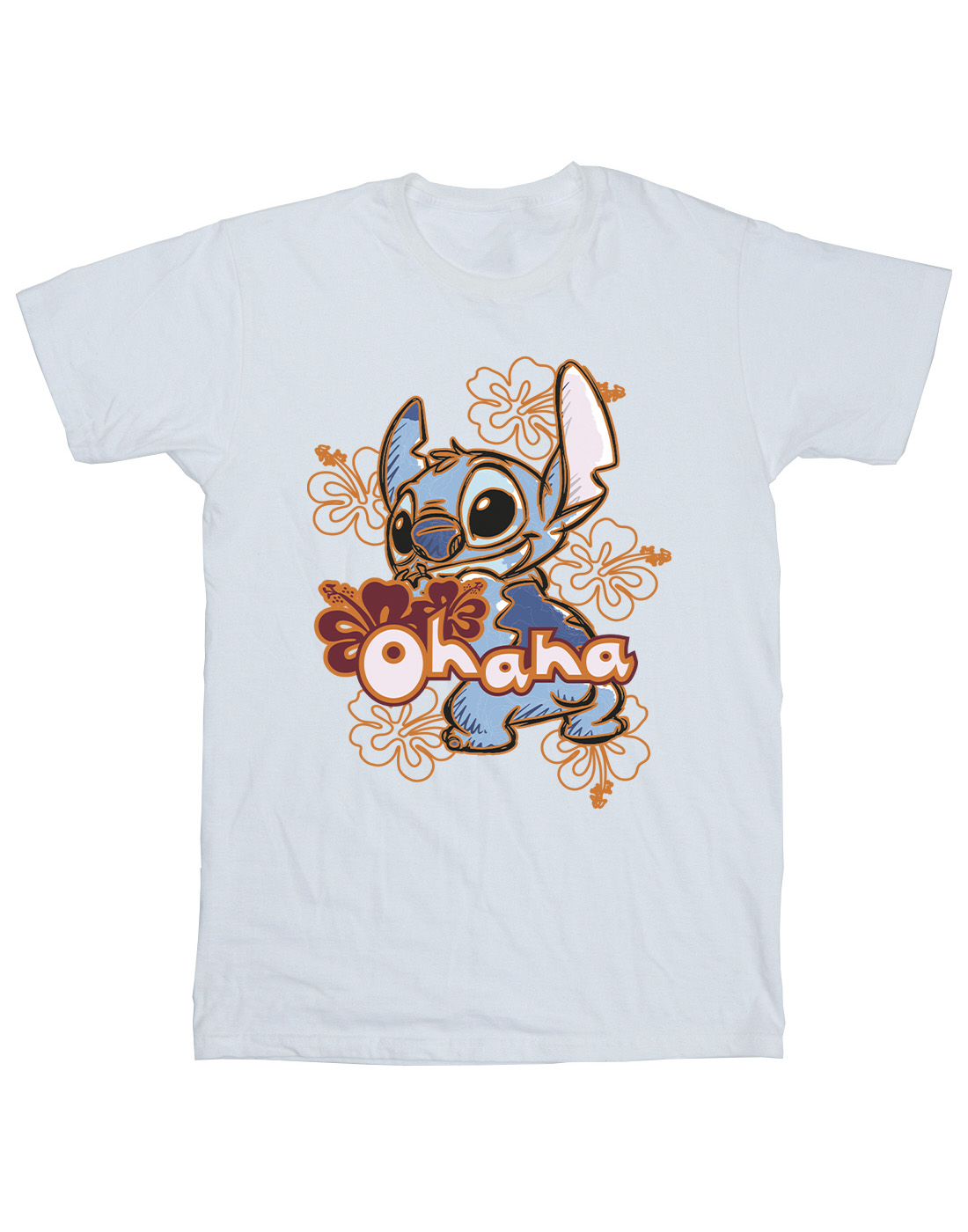 Disney Men's Lilo And Stitch Ohana Orange Hibiscus T-Shirt - Picture 15 of 16