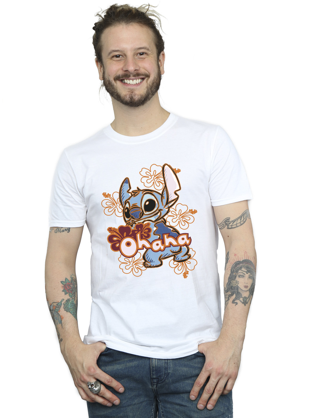 Disney Men's Lilo And Stitch Ohana Orange Hibiscus T-Shirt - Picture 14 of 16