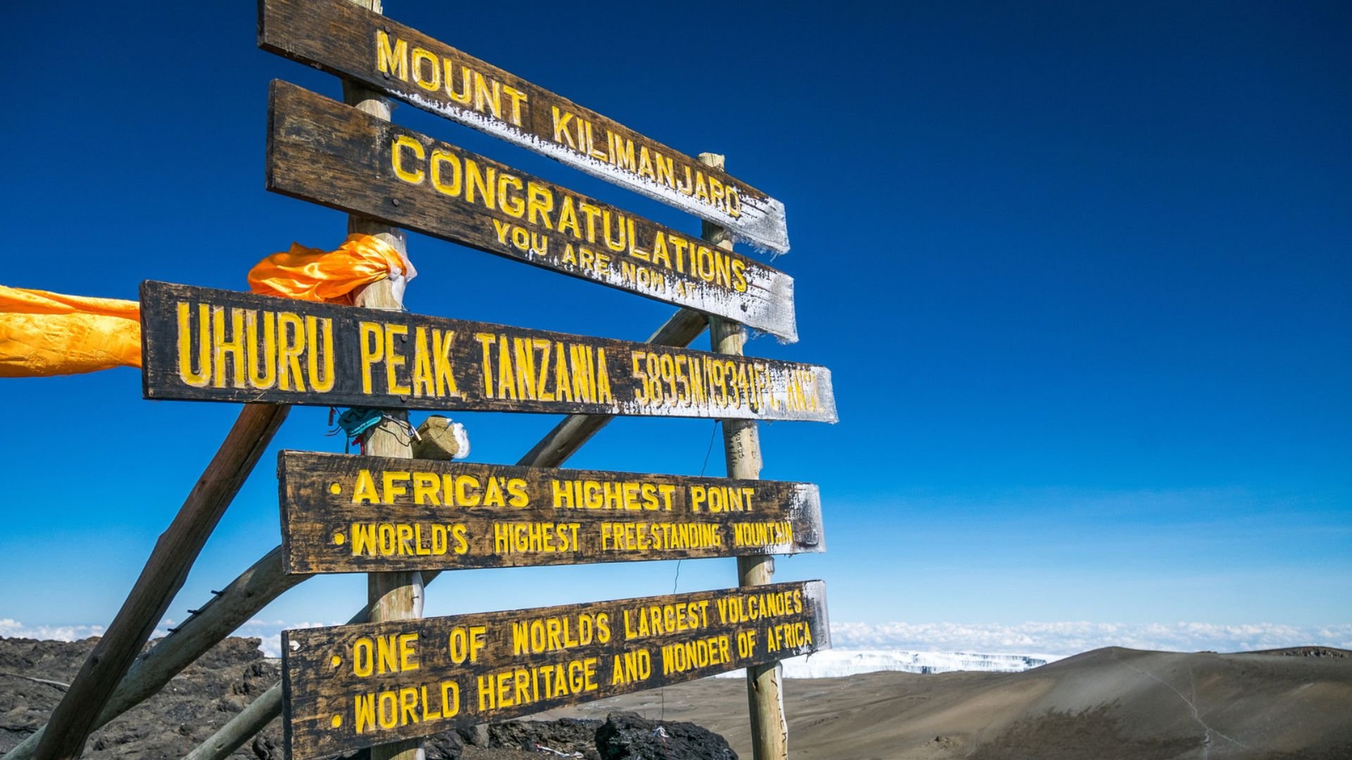 Summit sign at Uhuru Peak, Mount Kilimanjaro, reading “Congratulations” against a deep blue sky.