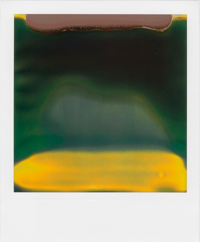 Catene allineate di polivinilene su fogli di plastica da 9x6,8 cm. In linguaggio meno tecnico: Polaroid. William Miller ci mostra cosa riesce a sviluppare con una vecchia SX-70. Bella, ingegnosa, ma quasi del tutto rotta. LTVs, Ruined Polaroid, William Miller, Lancia TrendVisions