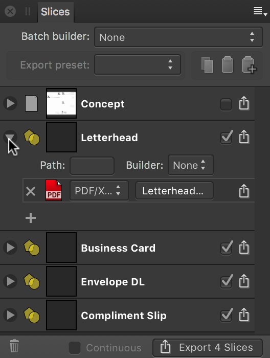 Slices panel (Export Persona)