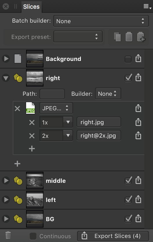 Slices panel (Export Persona)