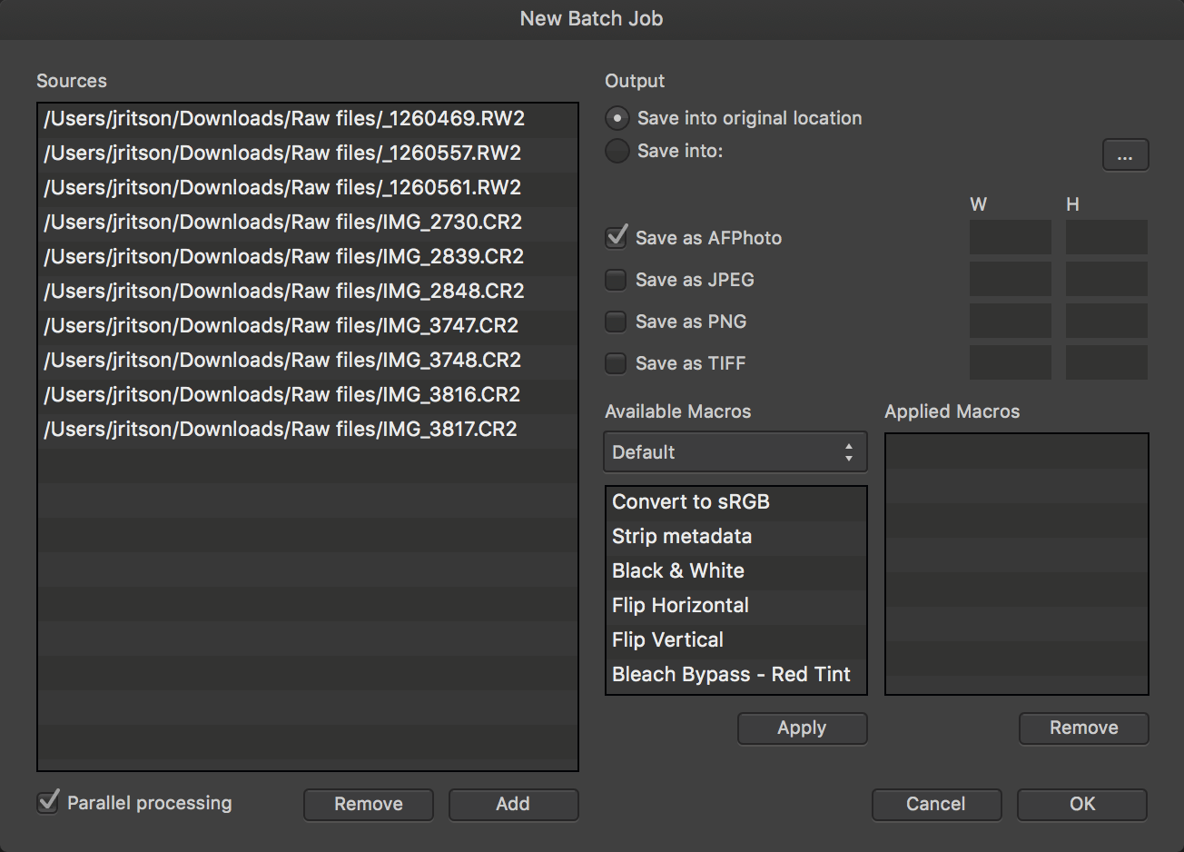 Batch job dialog