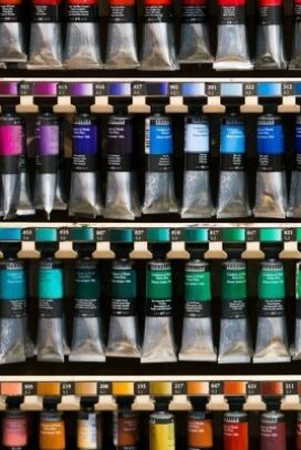 Art materials, paints, sketchbook, brushes