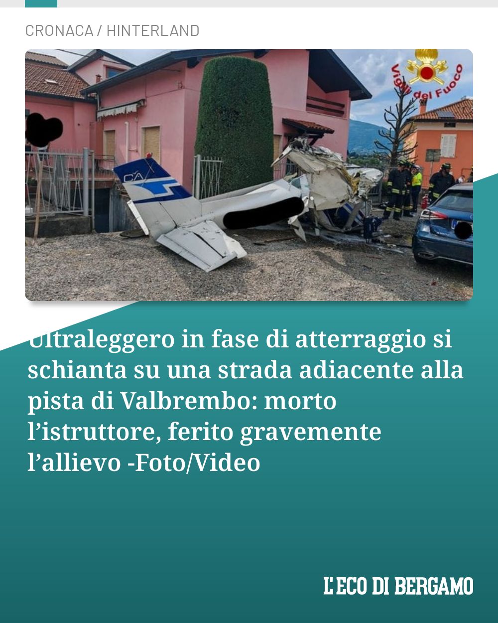 Post Instagram @ecodibergamo: Ultraleggero in fase di atterraggio si schianta su una strada adiacente alla pista di Valbrembo: mor