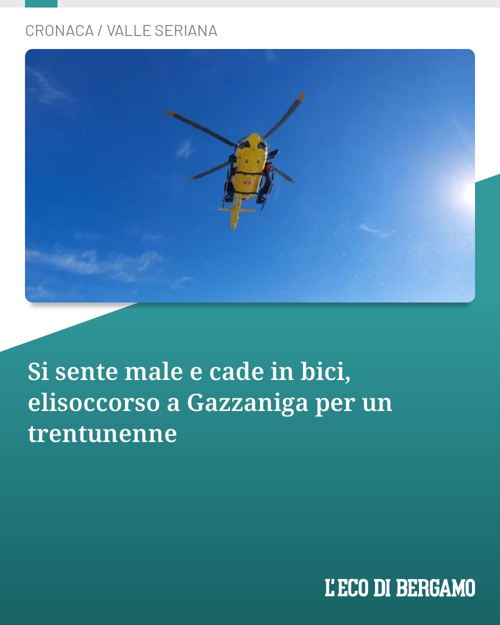 Post Instagram @ecodibergamo: Si sente male e cade in bici, elisoccorso a Gazzaniga per un trentunenne...