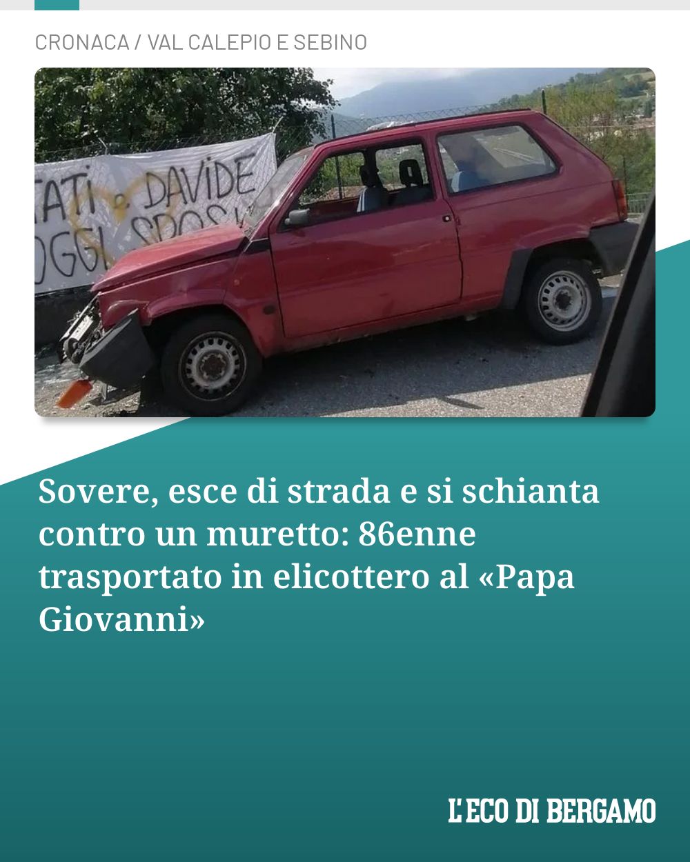 Post Instagram @ecodibergamo: Sovere, esce di strada e si schianta contro un muretto: 86enne trasportato in elicottero al «Papa Gi