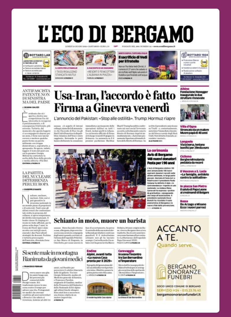 Post Instagram @ecodibergamo: Buongiorno dalla redazione con la prima pagina de L'Eco di Bergamo di oggi...