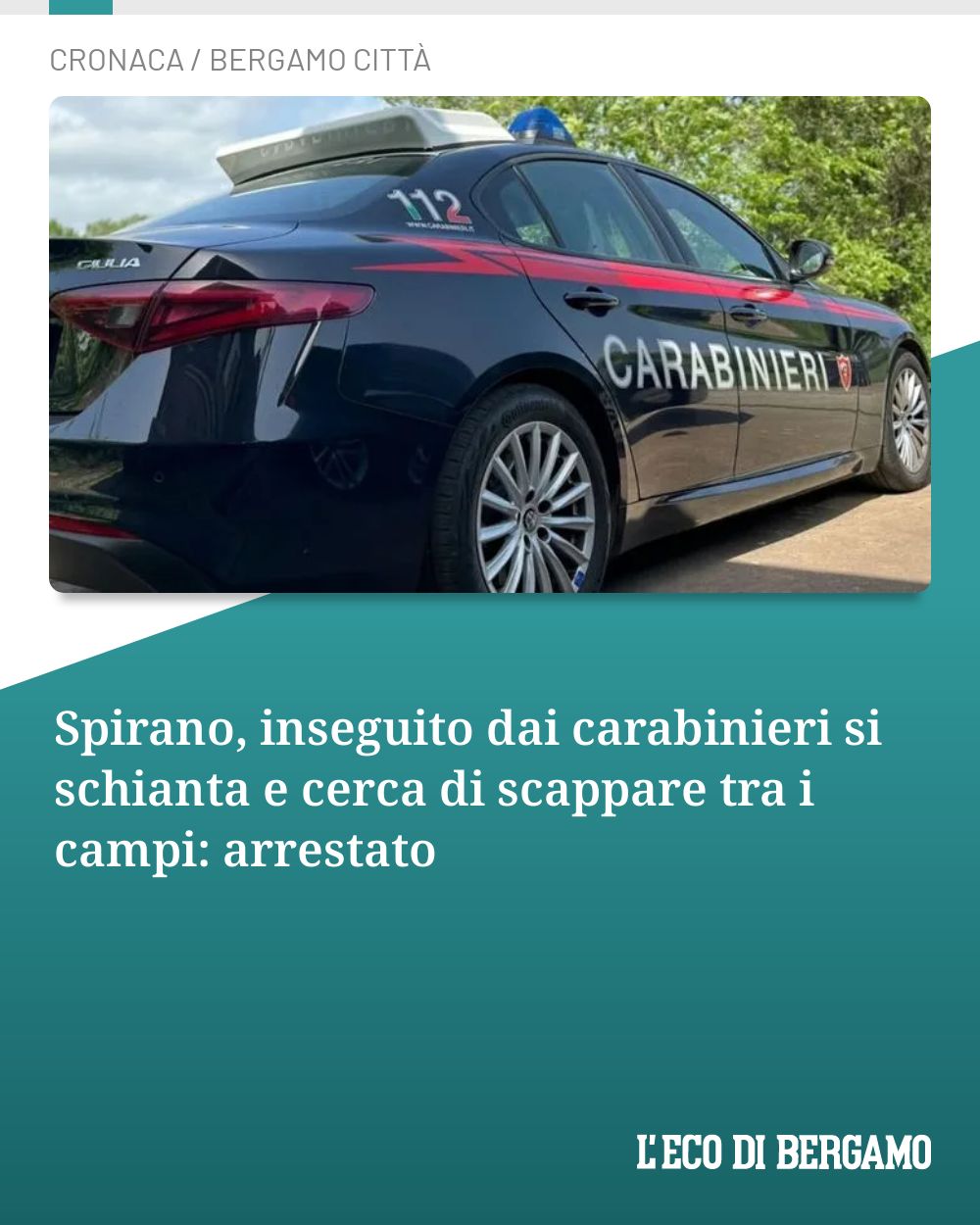 Post Instagram @ecodibergamo: Spirano, inseguito dai carabinieri si schianta e cerca di scappare tra i campi: arrestato...
