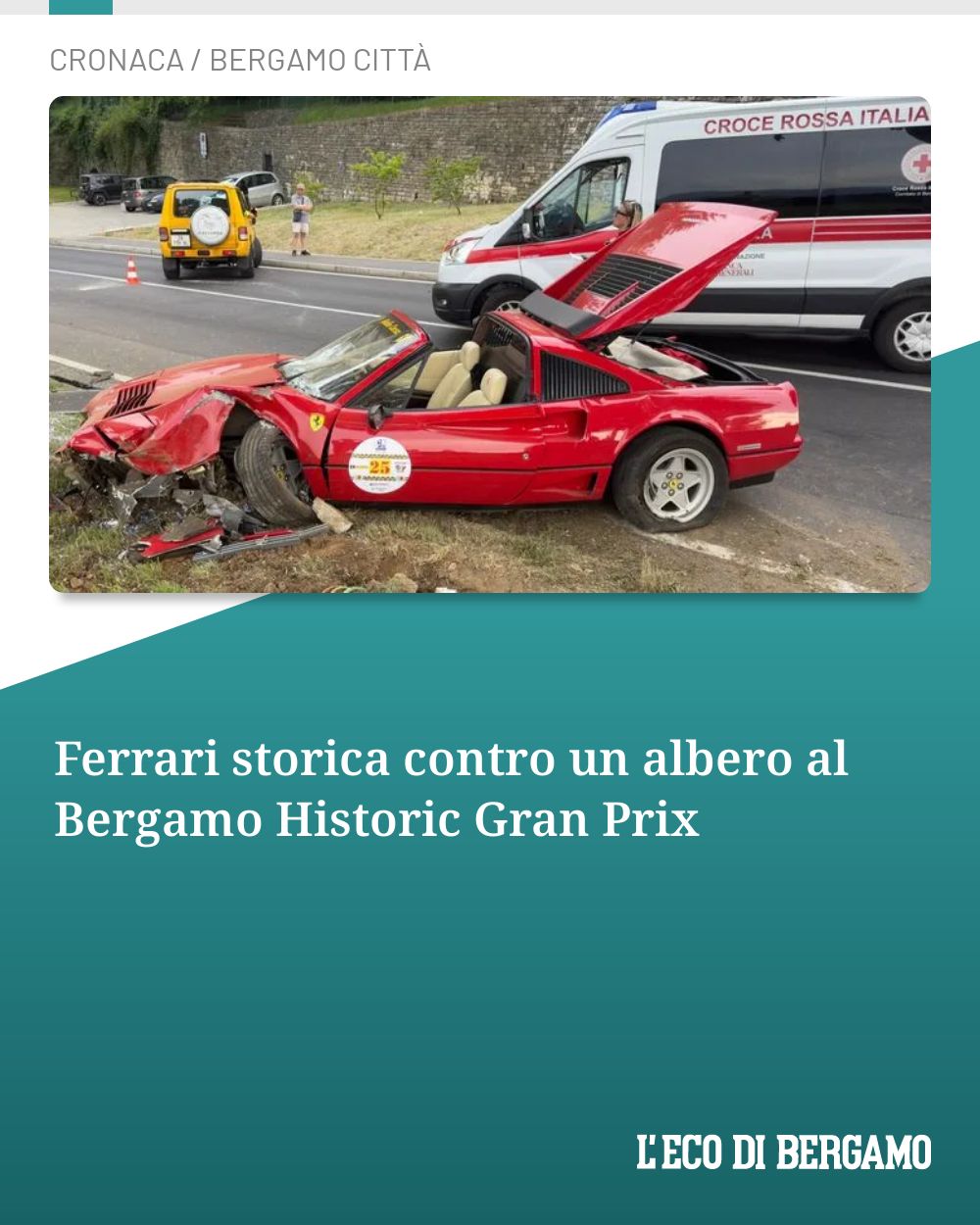 Post Instagram @ecodibergamo: Ferrari storica contro un albero al Bergamo Historic Gran Prix...