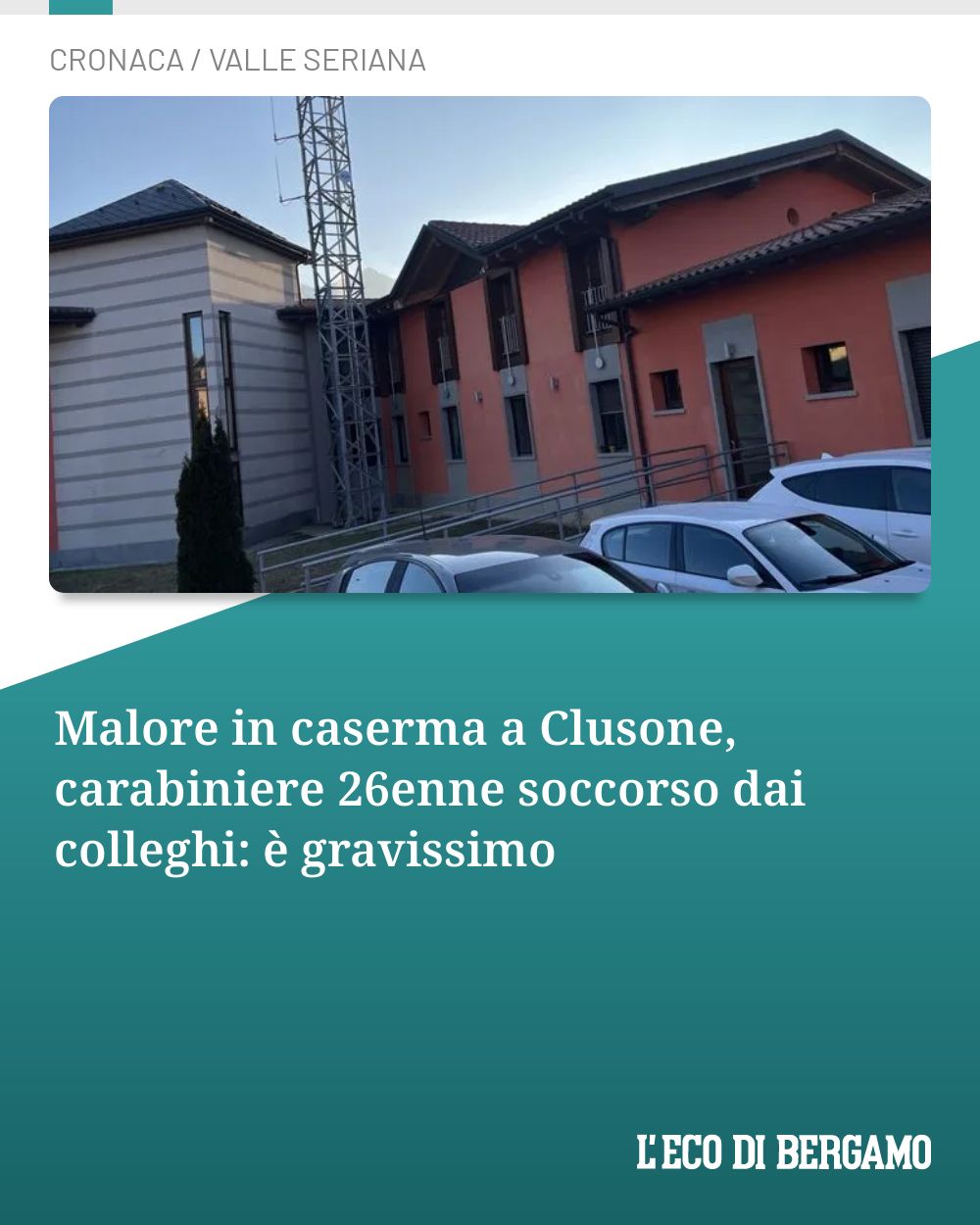 Post Instagram @ecodibergamo: Malore in caserma a Clusone, carabiniere 26enne soccorso dai colleghi: è gravissimo...