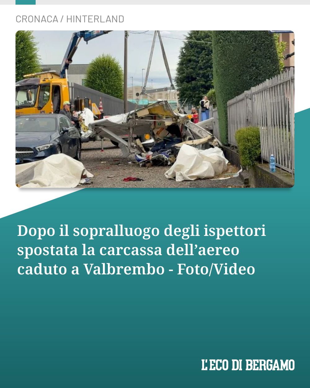 Post Instagram @ecodibergamo: Dopo il sopralluogo degli ispettori spostata la carcassa dell’aereo caduto a Valbrembo - Foto/Video.