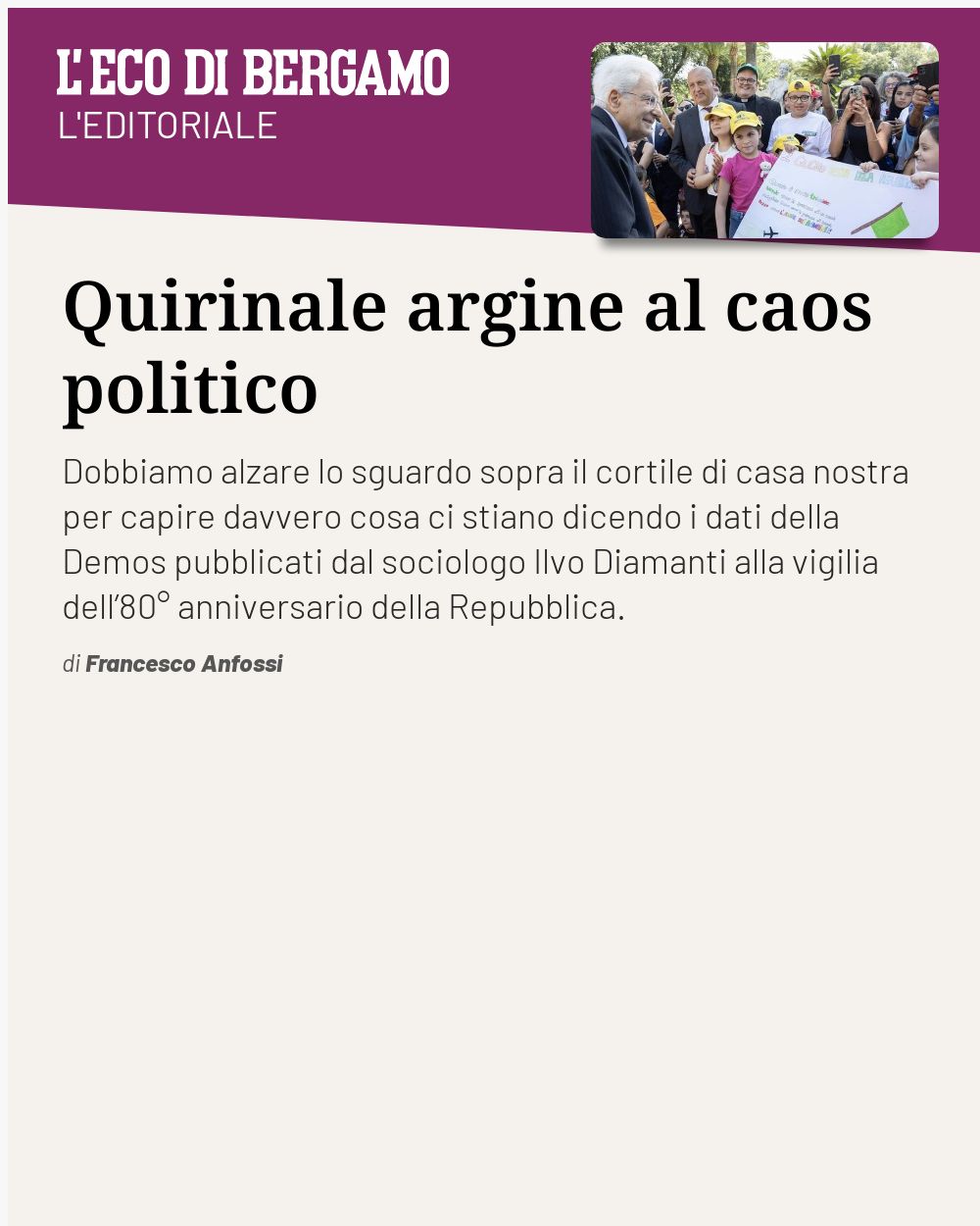 Post Instagram @ecodibergamo: Quirinale argine al caos politico...