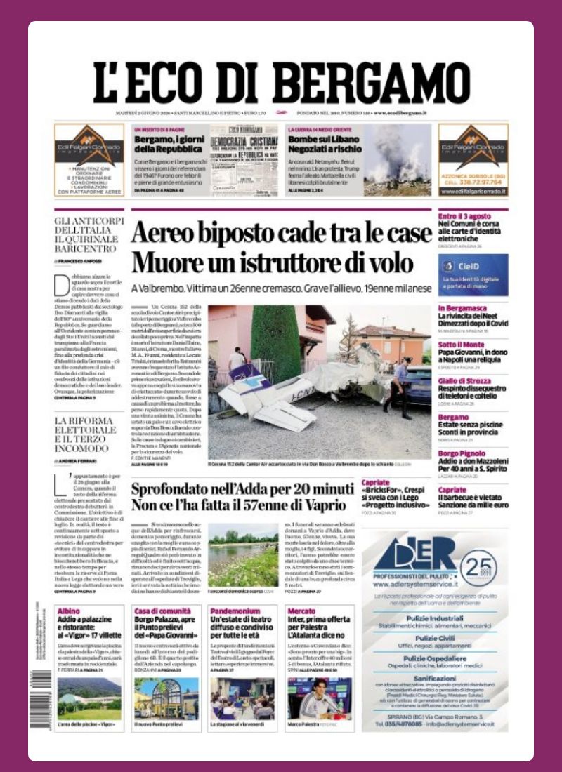 Post Instagram @ecodibergamo: Buongiorno dalla redazione con la prima pagina de L'Eco di Bergamo di oggi...
