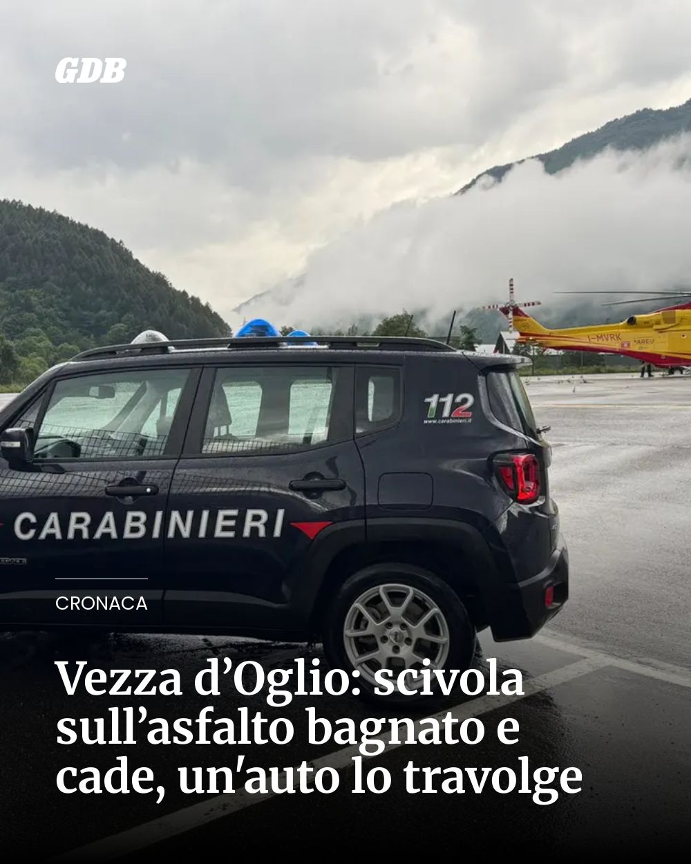 Post Instagram @giornaledibrescia: Vezza d’Oglio: scivola sull’asfalto bagnato e cade, un'auto lo travolge...