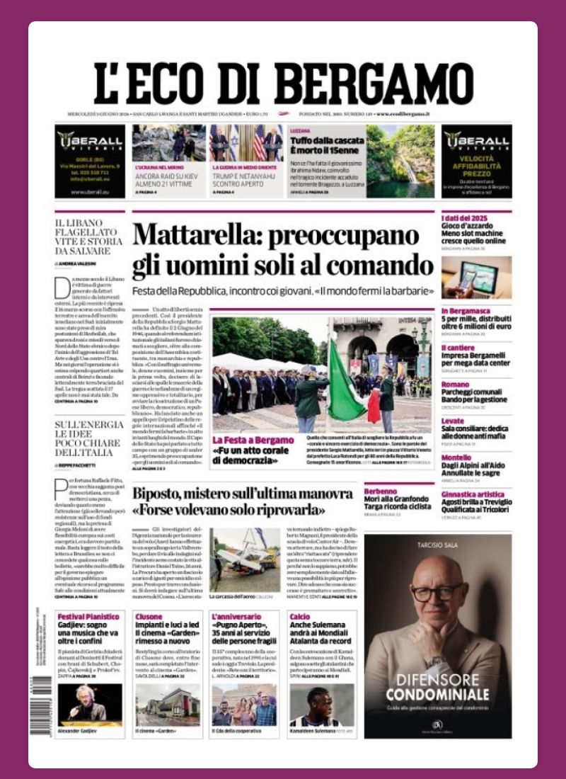 Post Instagram @ecodibergamo: Buongiorno dalla redazione con la prima pagina de L'Eco di Bergamo di oggi...