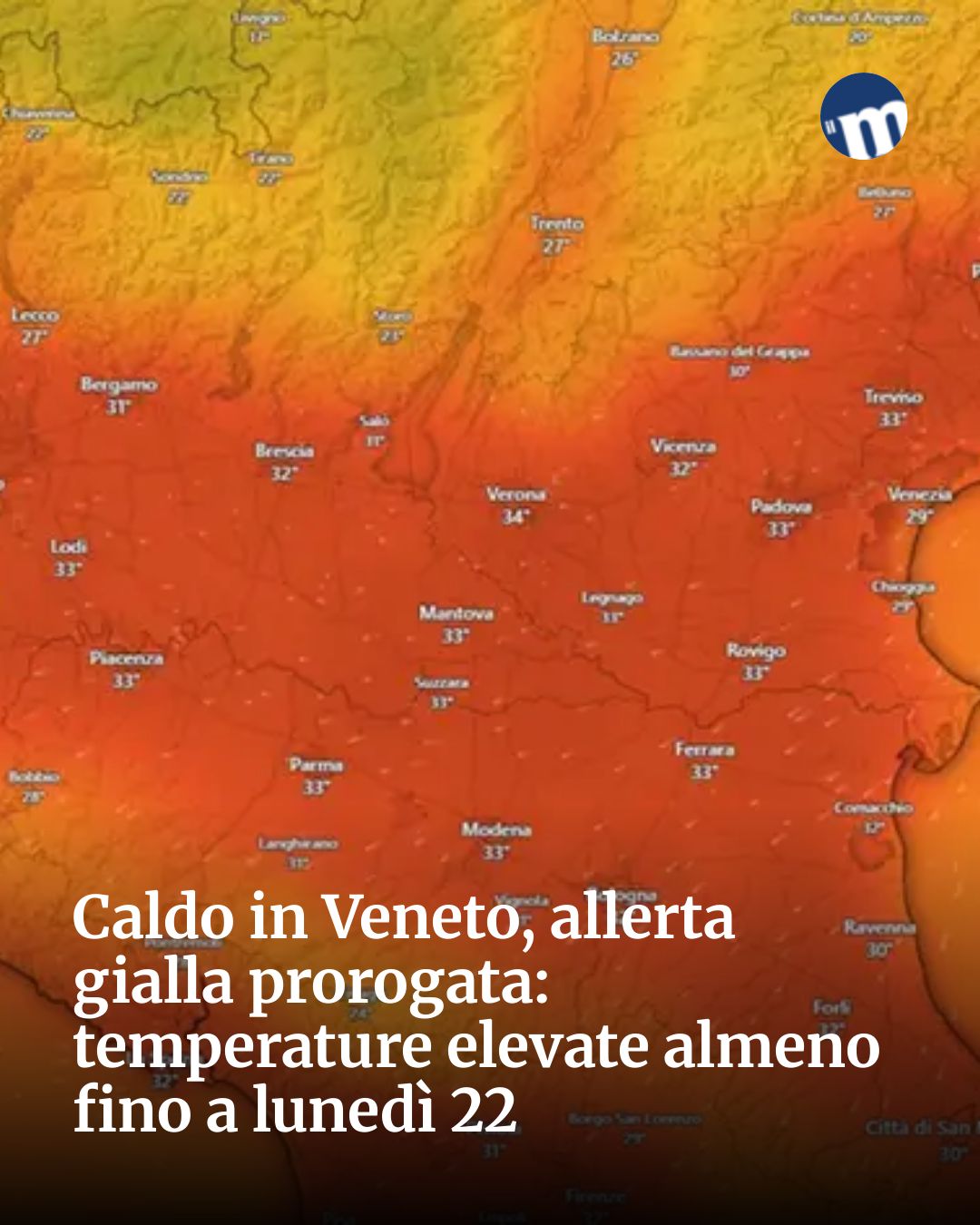 Post Instagram @socialbeat.test: Caldo in Veneto, allerta gialla prorogata: temperature elevate almeno fino a lunedì 22...