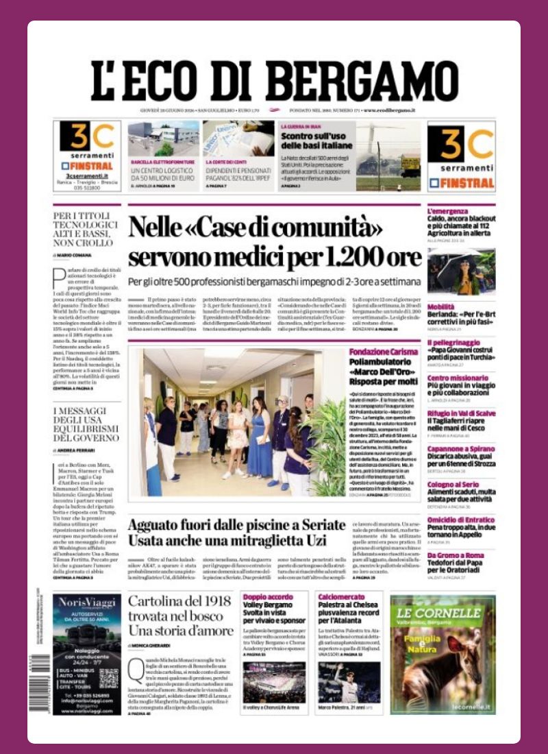 Post Instagram @ecodibergamo: Buongiorno dalla redazione con la prima pagina de L'Eco di Bergamo di oggi...