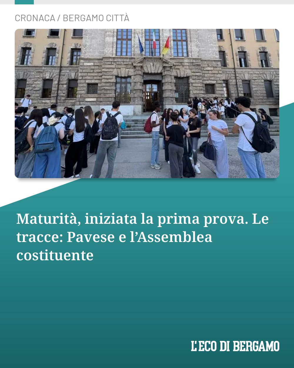 Post Instagram @ecodibergamo: Maturità, iniziata la prima prova. Le tracce: Pavese e l’Assemblea costituente...
