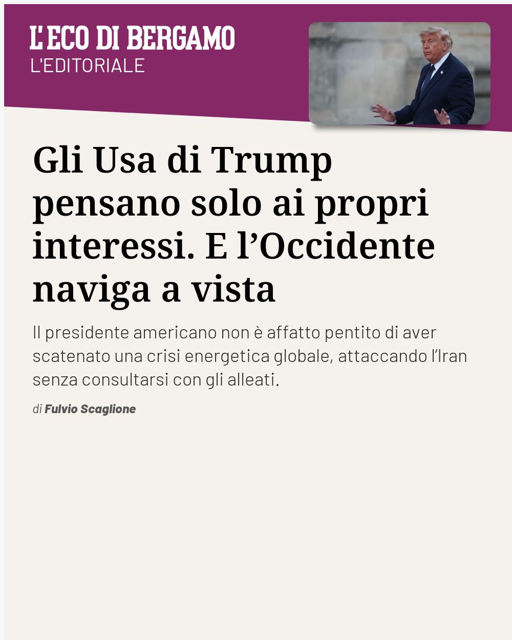 Post Instagram @ecodibergamo: Gli Usa di Trump pensano solo ai propri interessi. E l’Occidente naviga a vista...