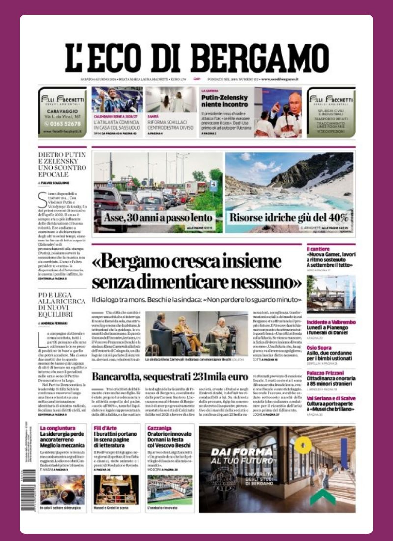 Post Instagram @ecodibergamo: Buongiorno dalla redazione con la prima pagina de L'Eco di Bergamo di oggi...