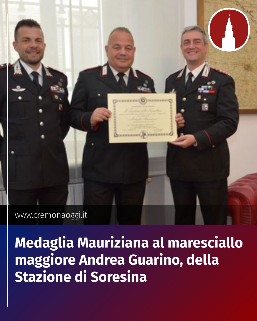 Post Instagram @Cremona_Oggi: Medaglia Mauriziana al maresciallo maggiore Andrea Guarino, della Stazione di Soresina...