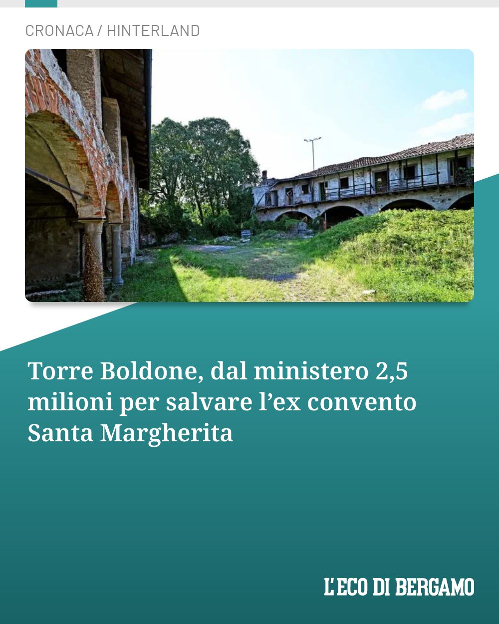 Post Instagram @ecodibergamo: Torre Boldone, dal ministero 2,5 milioni per salvare l’ex convento Santa Margherita...
