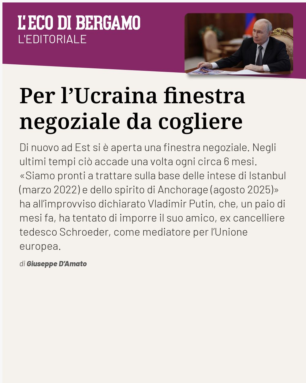 Post Instagram @ecodibergamo: Per l’Ucraina finestra negoziale da cogliere...