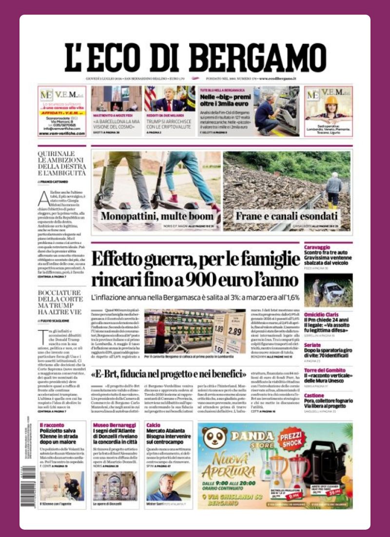 Post Instagram @ecodibergamo: Buongiorno dalla redazione con la prima pagina de L'Eco di Bergamo di oggi...