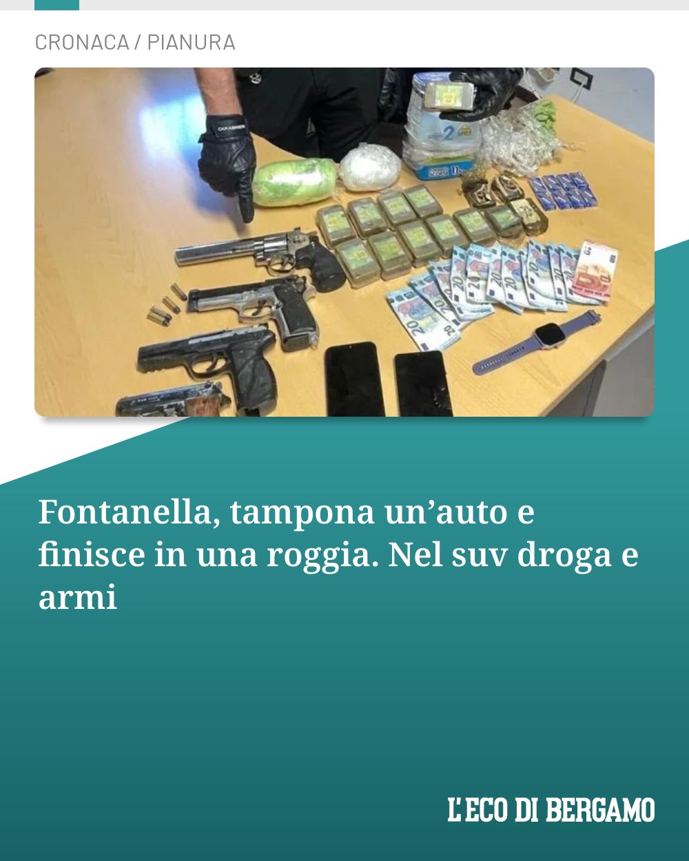 Post Instagram @ecodibergamo: Fontanella, tampona un’auto e finisce in una roggia. Nel suv droga e armi...