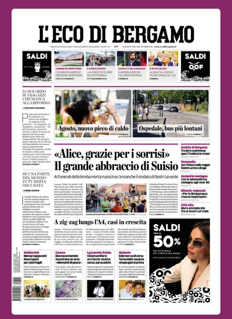 Post Instagram @ecodibergamo: Buongiorno dalla redazione con la prima pagina de L'Eco di Bergamo di oggi...